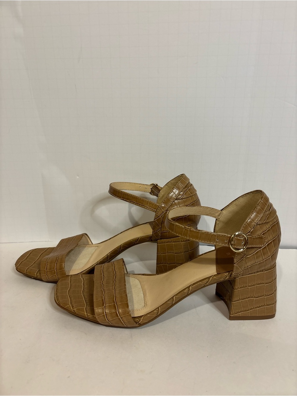 Alex Marie Tan Croc-Embossed Block Heel Sandals